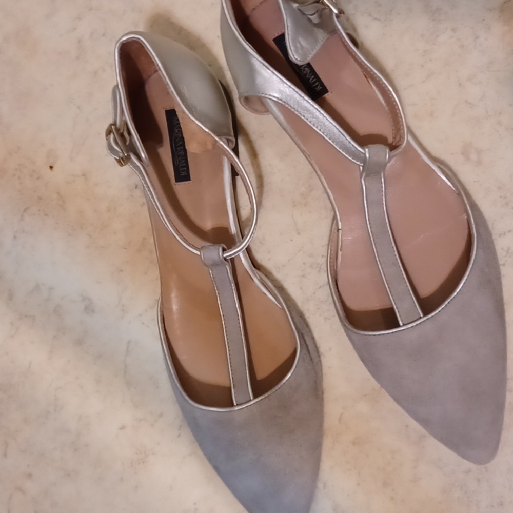 MARINA RINALDI Women's Silver and Tan T-STRAPED FLATS - Picture 2 of 6